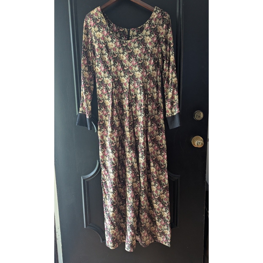 Vtg All That Jazz Floral Maxi Dress 90s Grunge Boho Black Burgundy Cottagecore